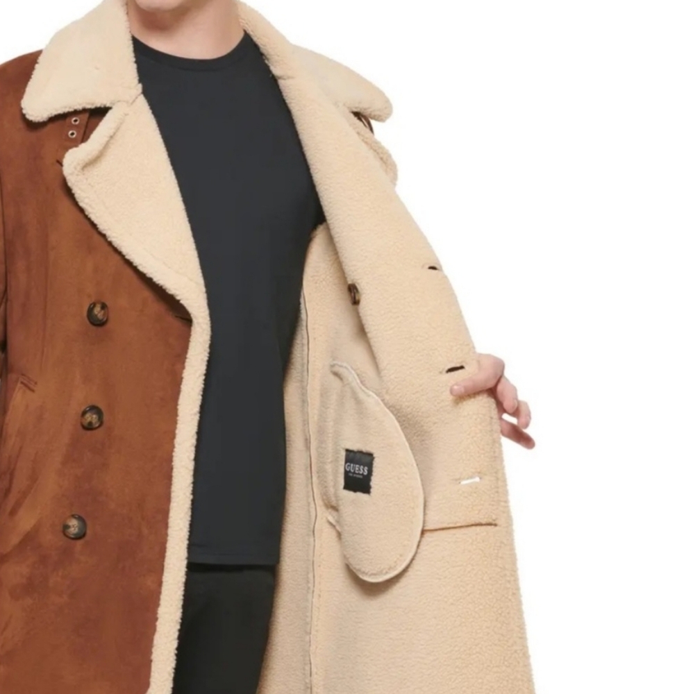 NWT Men"s Guess Double Breasted Faux Fur Shearling Coat - Picture 9 of 15